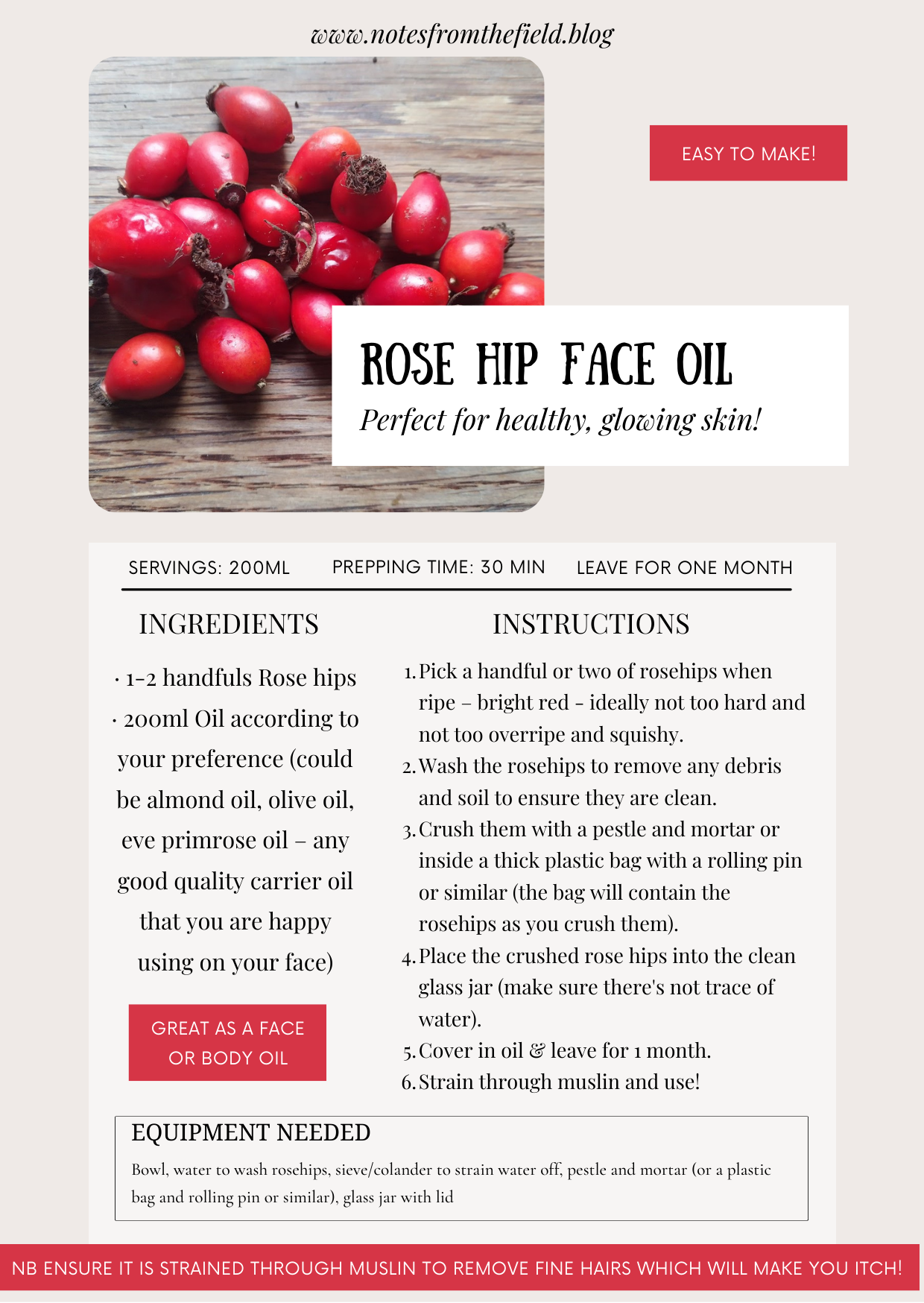 Rosehip face and body oil recipe card